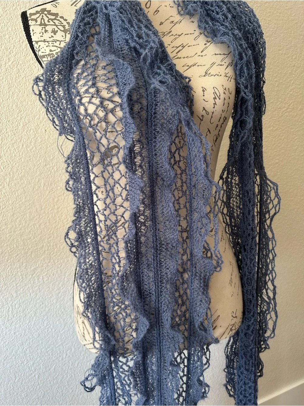 Dusty Blue Knit Lace Fringe Wrap Scarf